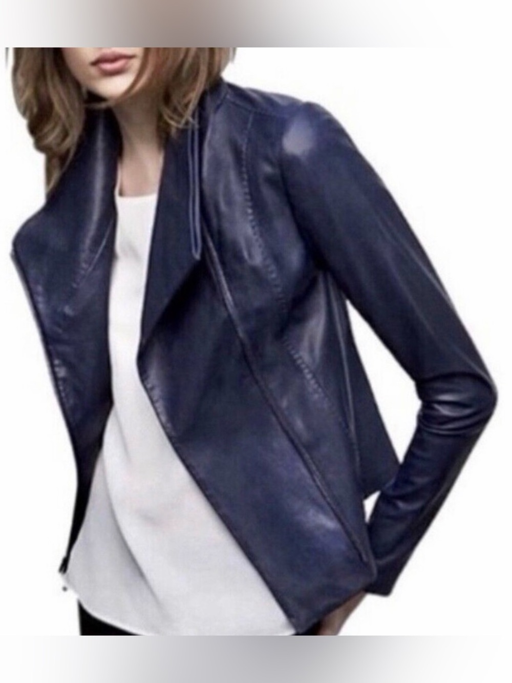 💙 Vince Navy Blue Leather Scuba Asymmetric Zip Jacket Medium 💙